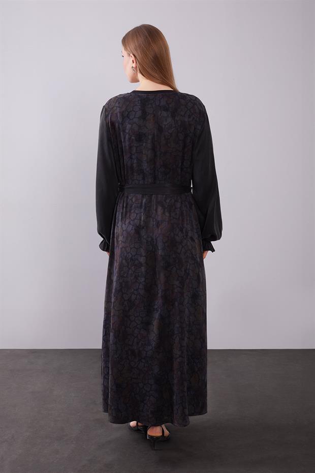 Kahve Kendinden Desenli Cupra Elbise