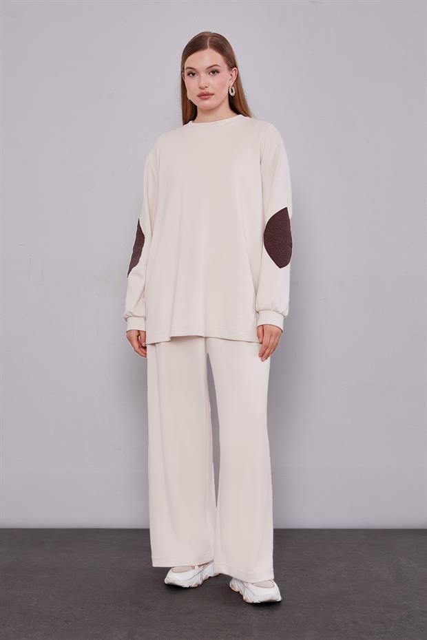 Kahve Kendinden Desenli Yelekli Üçlü Takım