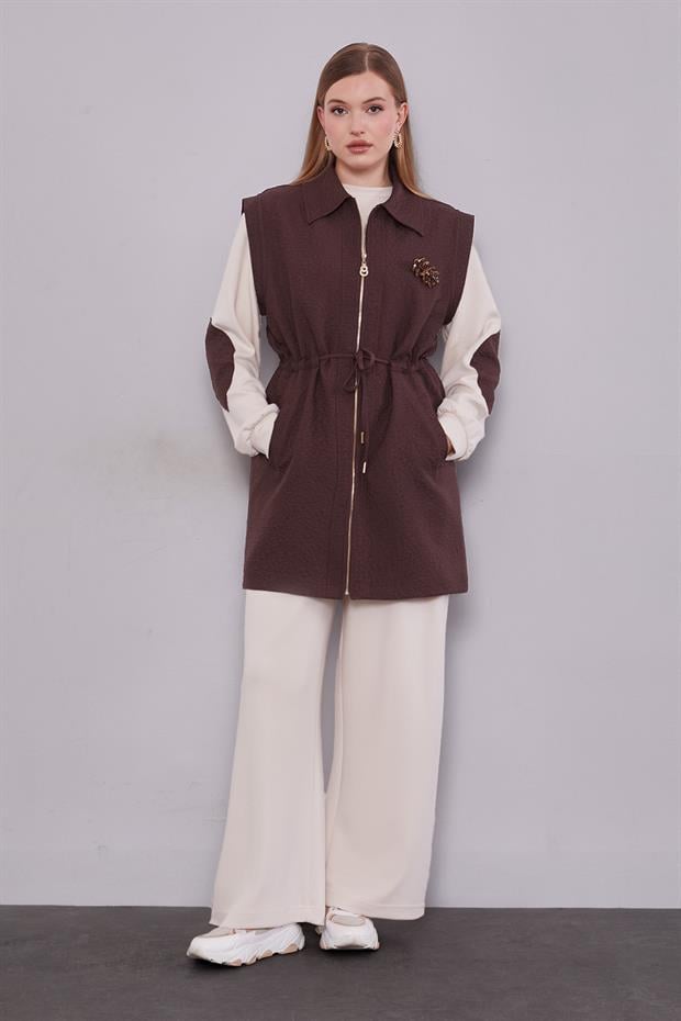 Kahve Kendinden Desenli Yelekli Üçlü Takım