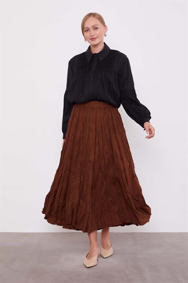 Kahve Kırışık Model Etek