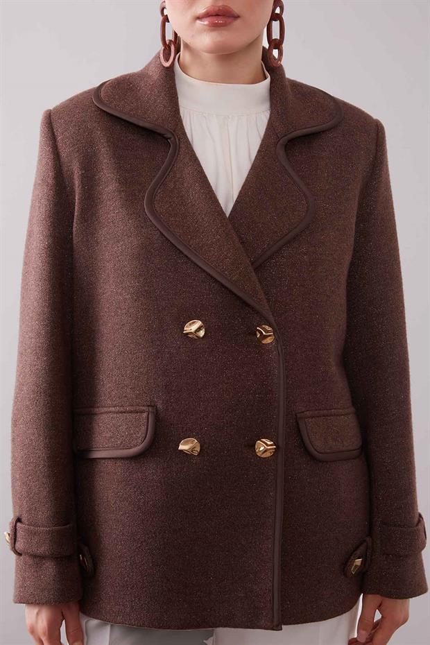 Kahve Kruvaze Kenar Şeritli Kaşmir Ceket