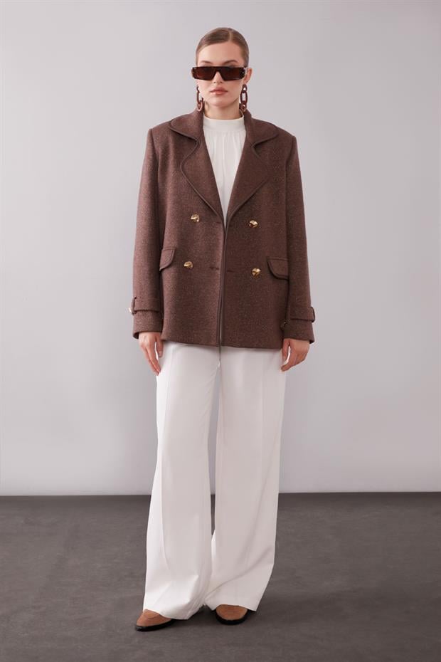 Kahve Kruvaze Kenar Şeritli Kaşmir Ceket