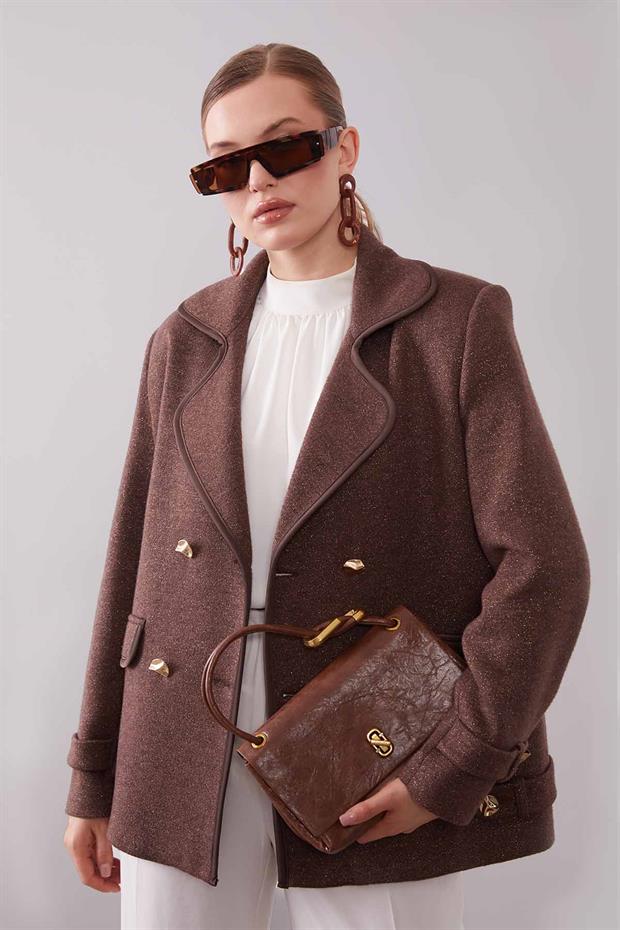 Kahve Kruvaze Kenar Şeritli Kaşmir Ceket