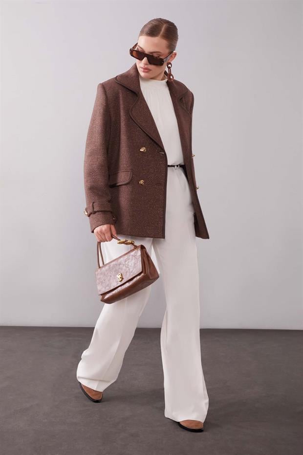 Kahve Kruvaze Kenar Şeritli Kaşmir Ceket