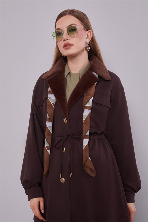 Kahve Kruvaze Kürk Yakalı İkili Takım