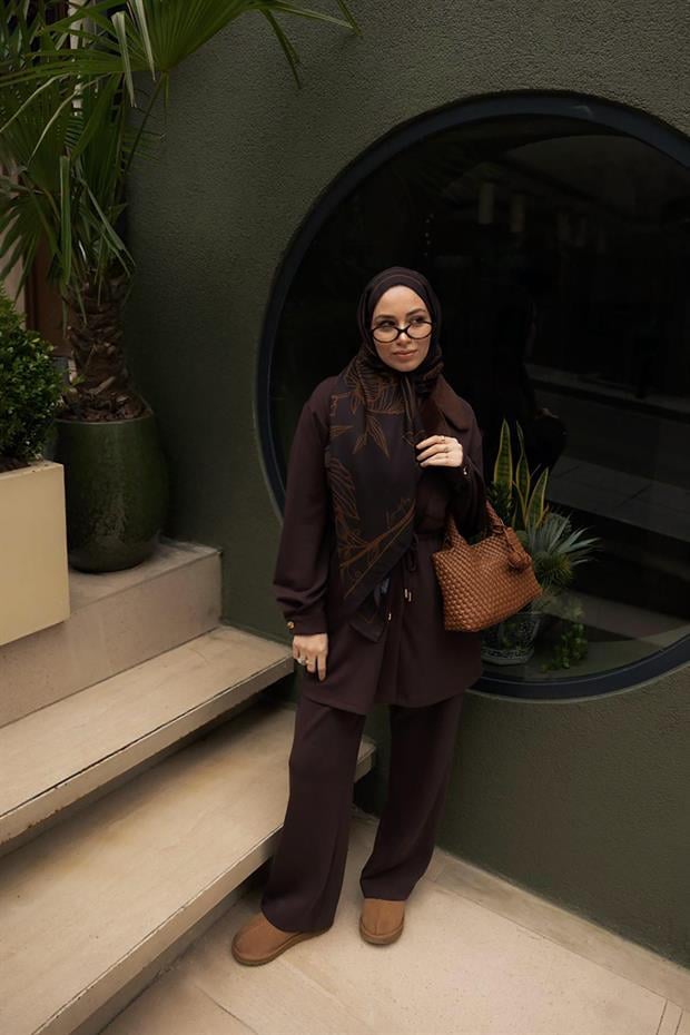 Kahve Kruvaze Kürk Yakalı İkili Takım