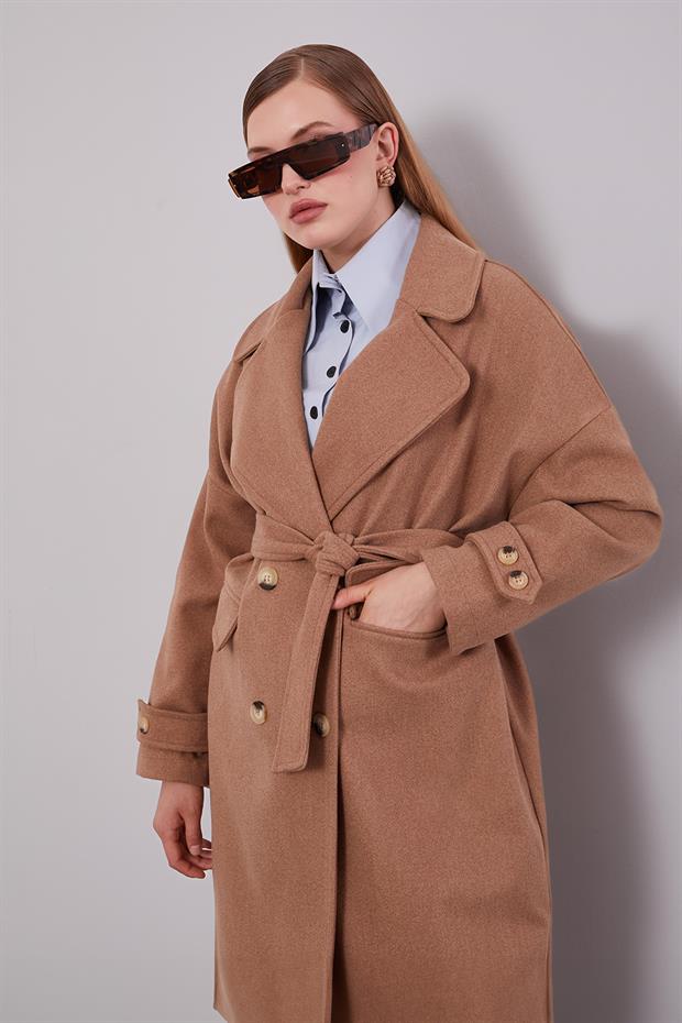 Kahve Kruvaze Yaka Kaşe Kaban