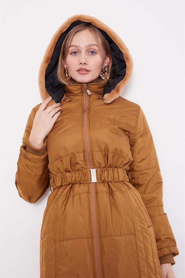 Kahve Kürk Şapkalı Şişme Mont