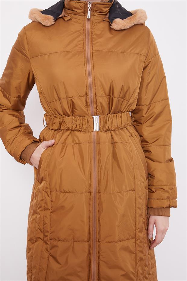 Kahve Kürk Şapkalı Şişme Mont