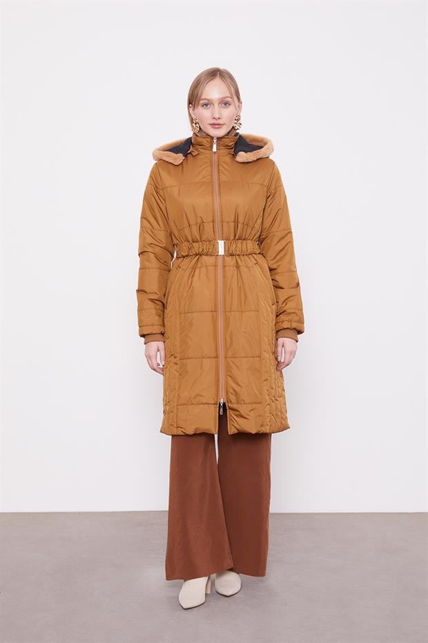 Kahve Kürk Şapkalı Şişme Mont