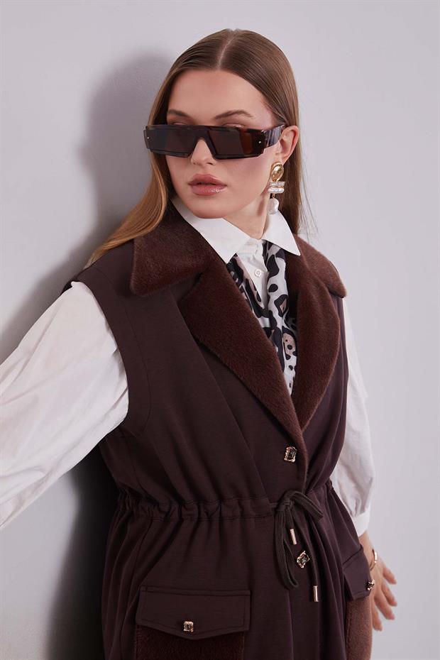 Kahve Kürk Yaka Detaylı Yelek Takım