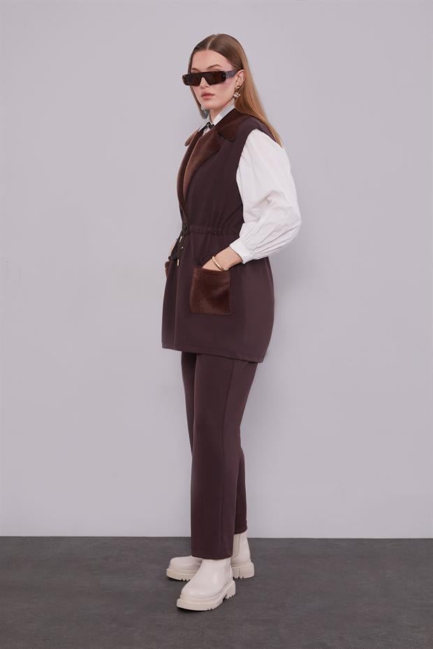 Kahve Kürk Yaka Detaylı Yelek Takım