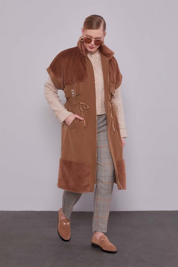 Kahve Kürk Yakalı Yelek