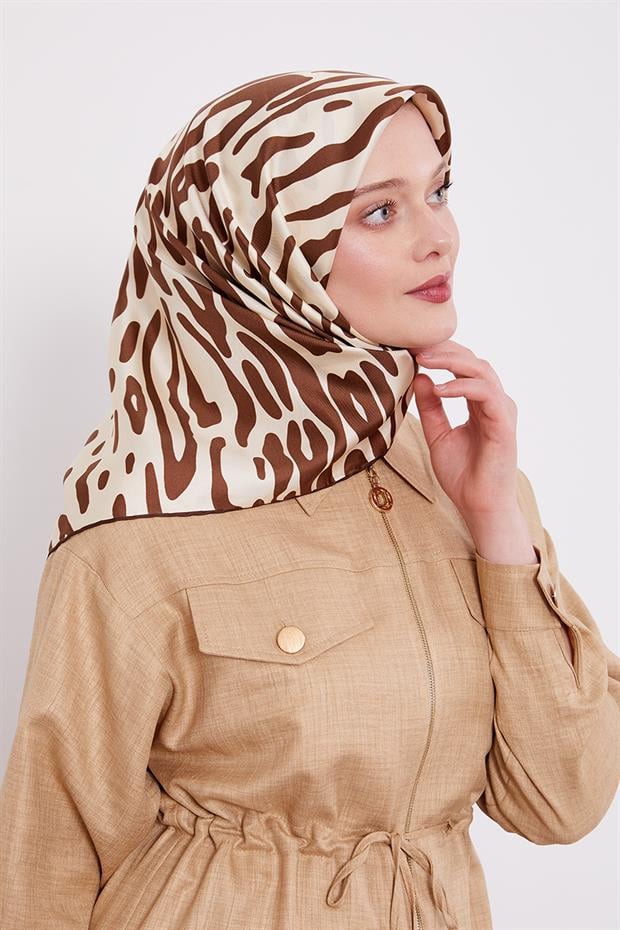 Kahve Büyük Leopar Desen Twill İpek Eşarp