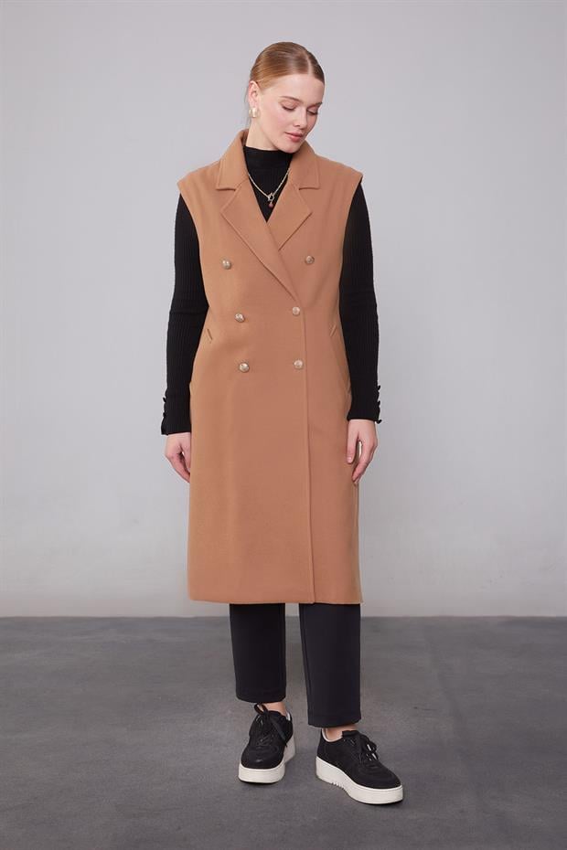 Kahve Maxi Boy Kaşe Yelek