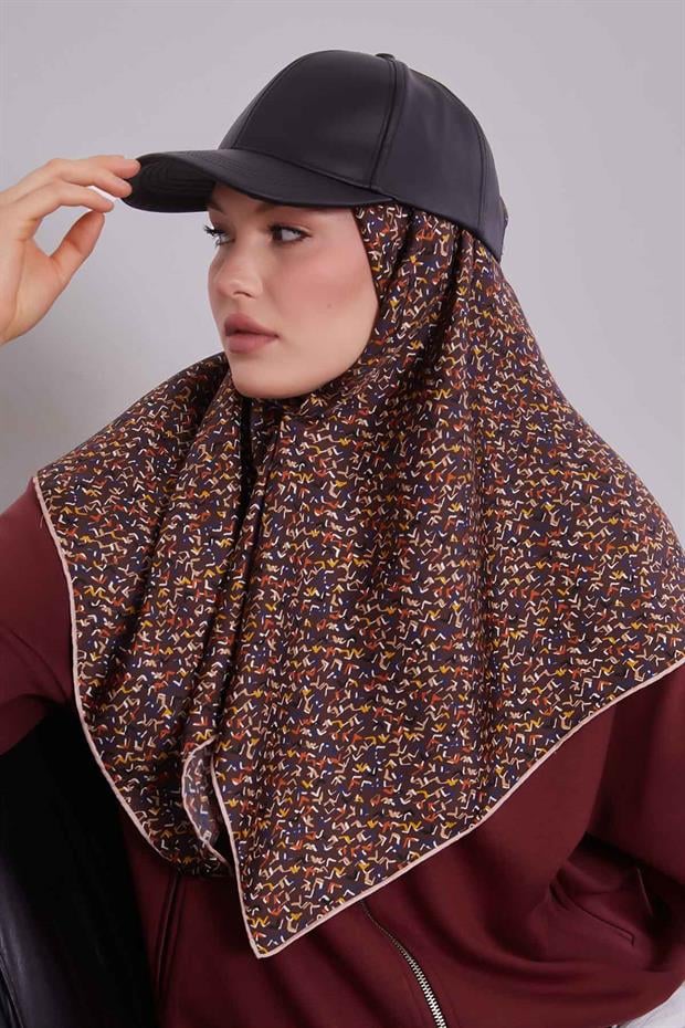 Kahve Mini Yazı Detay Twill İpek Eşarp