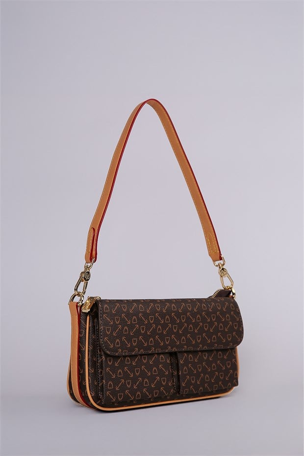 Kahve Monogram Desenli Baget Omuz Çantası