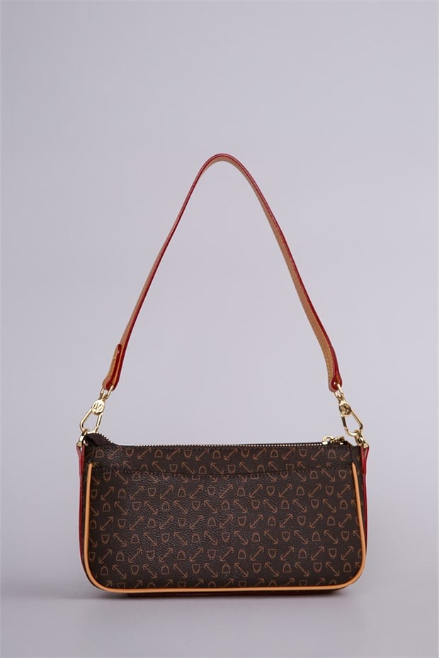 Kahve Monogram Desenli Baget Omuz Çantası