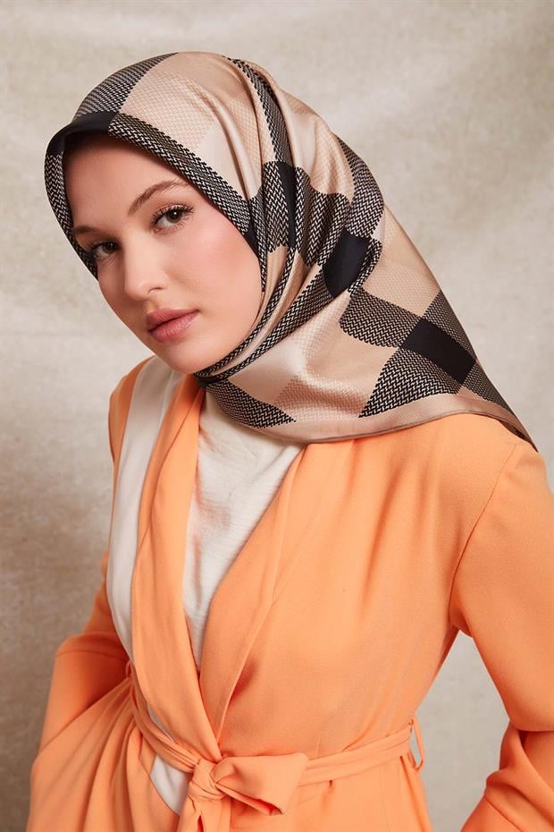 Kahve Noktalı Kareli Twill İpek Eşarp