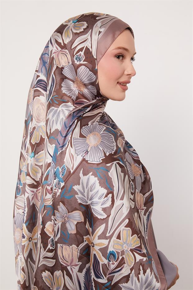Kahve Petunya Desen Hint İpeği Şal