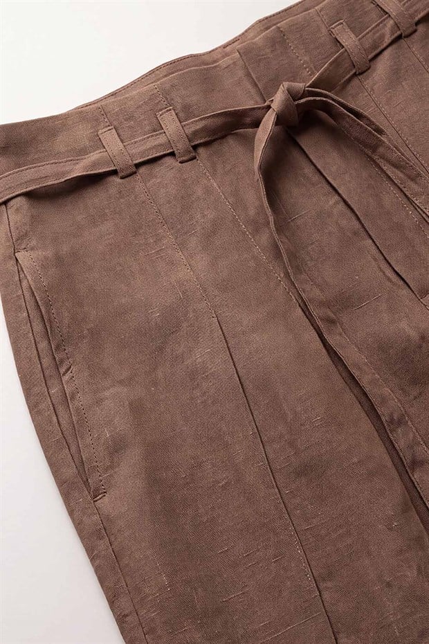 Kahve Pile Detaylı Keten Pantolon