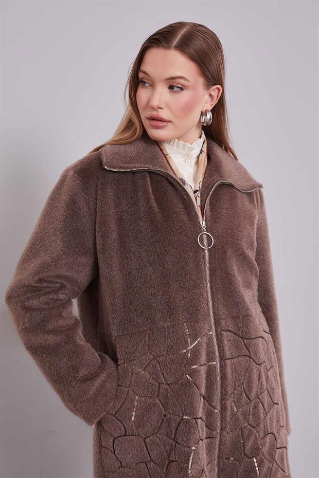 Kahve Pullu Desen Midi Kaban