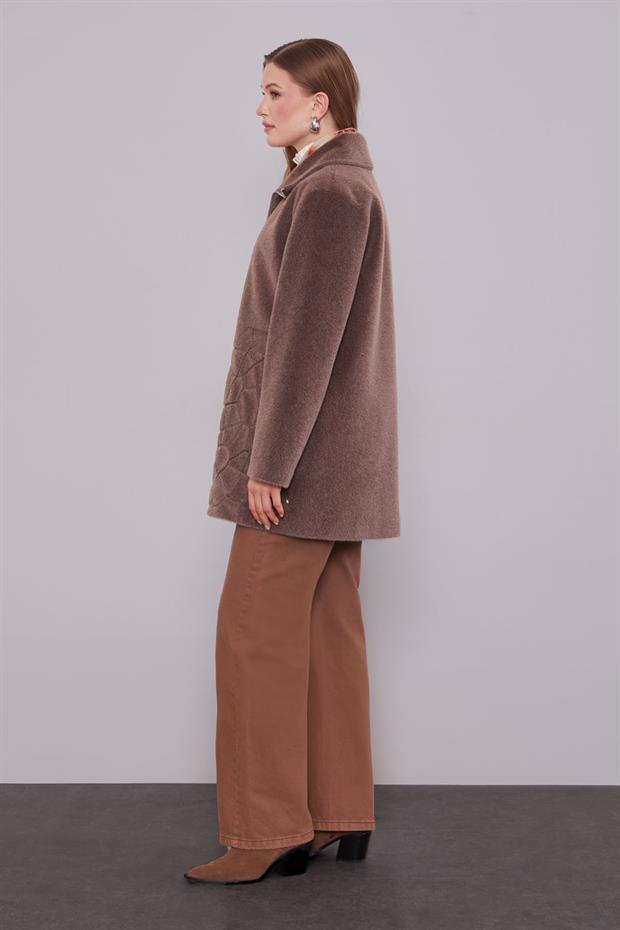 Kahve Pullu Desen Midi Kaban