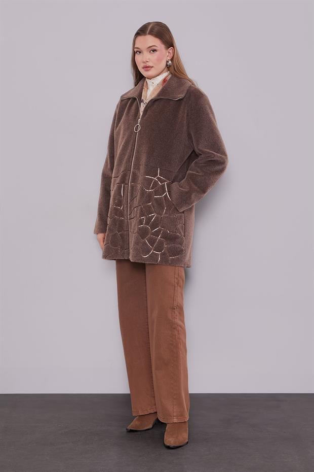 Kahve Pullu Desen Midi Kaban