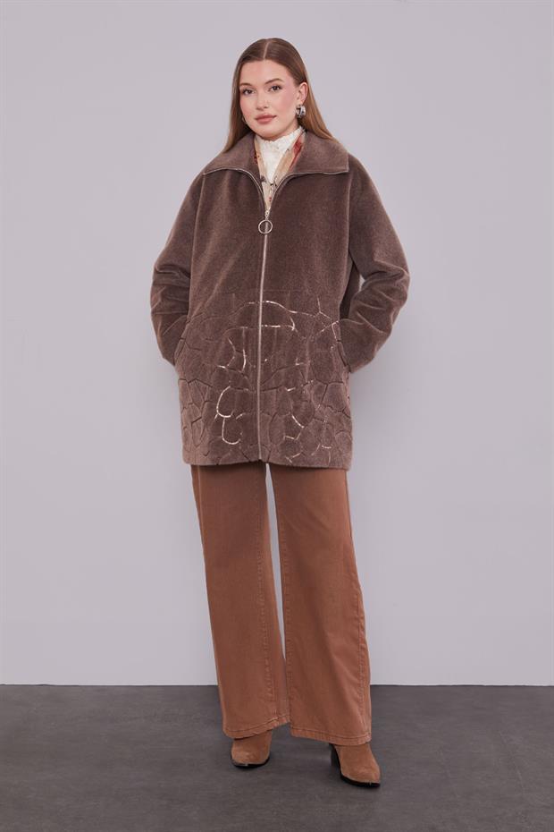 Kahve Pullu Desen Midi Kaban