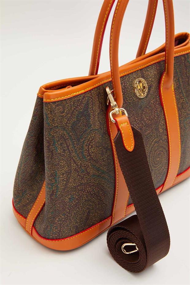 Kahve Şeritli Etnik Desen El Çantası