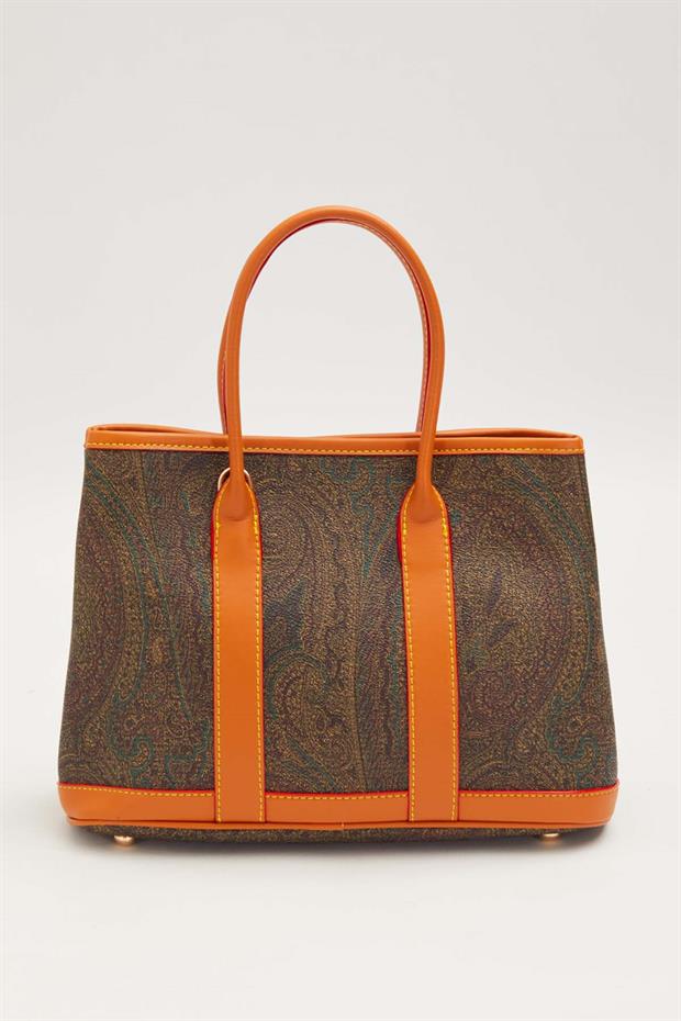 Kahve Şeritli Etnik Desen El Çantası