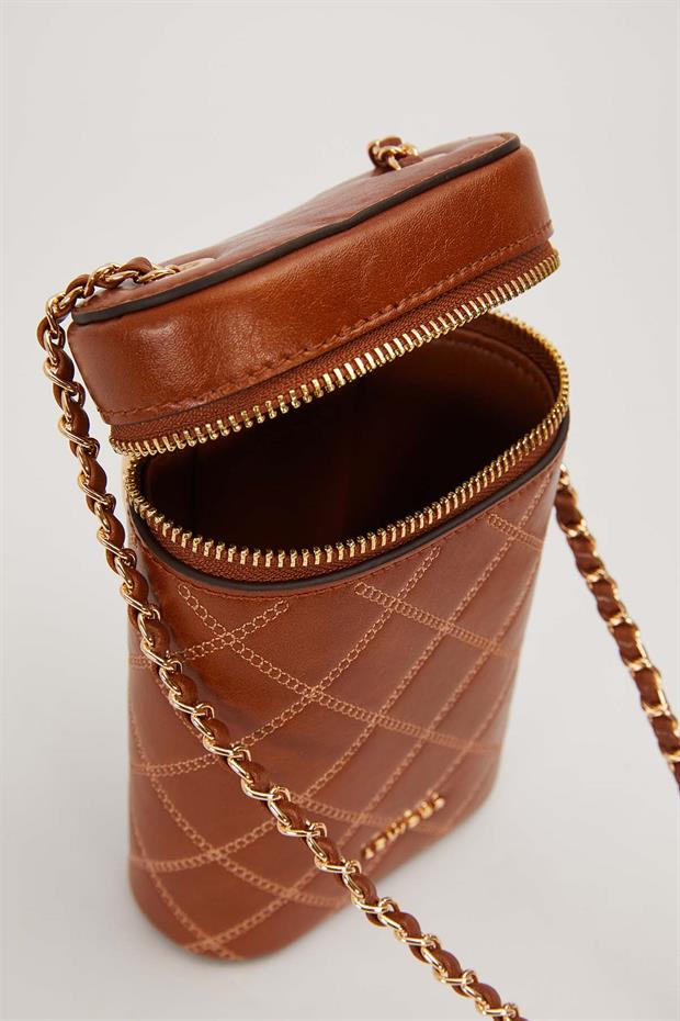 Kahve Silindir Form Kapitone Omuz Çantası