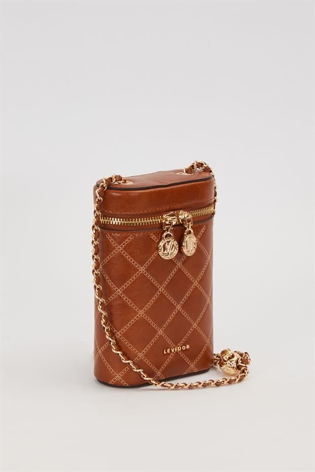 Kahve Silindir Form Kapitone Omuz Çantası