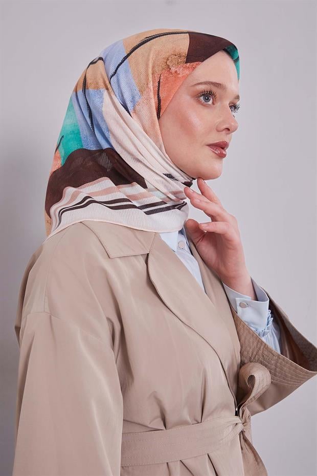 Kahve Soyut Desen Pamuk Eşarp