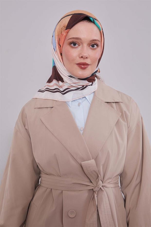 Kahve Soyut Desen Pamuk Eşarp