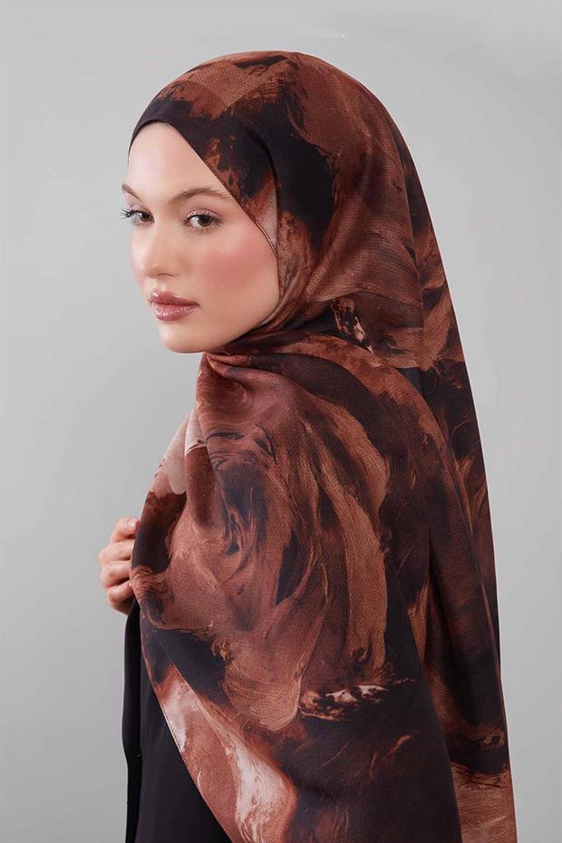 Kahve Soyut Desen Yün İpek Şal
