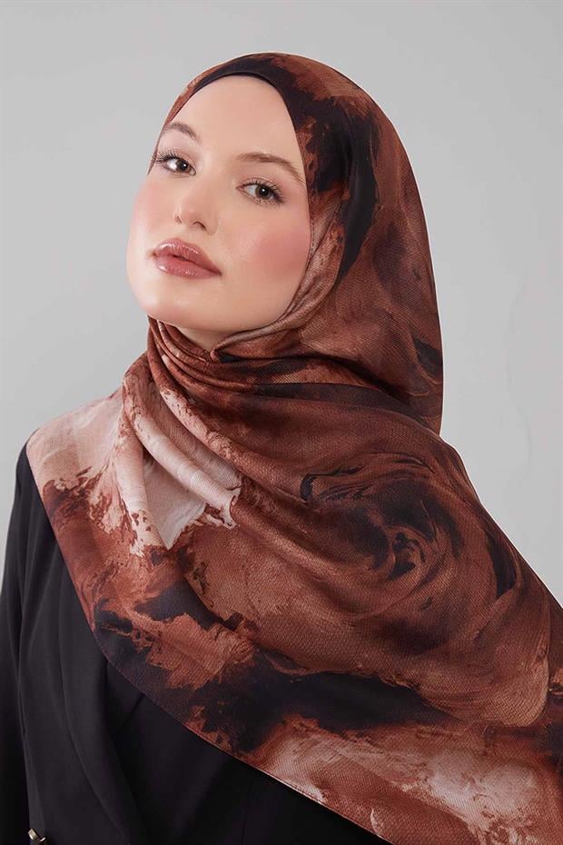 Kahve Soyut Desen Yün İpek Şal
