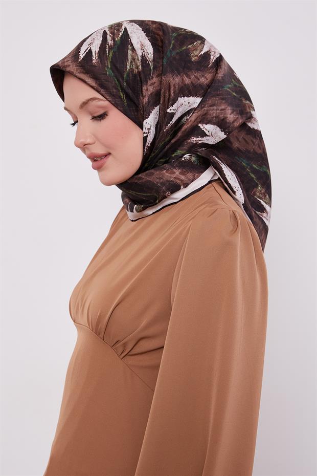 Kahve Yansıma Görünümlü Twill İpek Eşarp