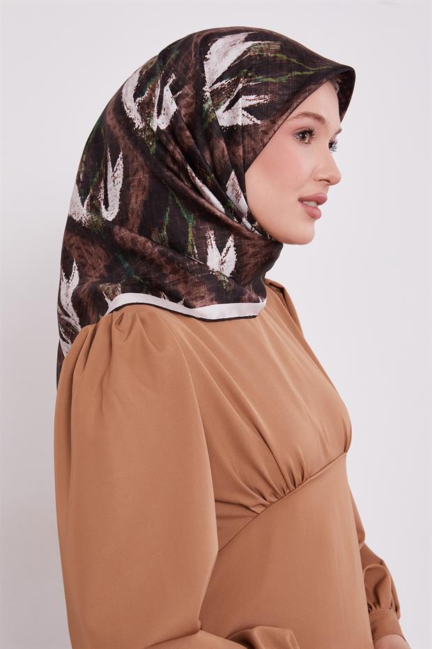 Kahve Yansıma Görünümlü Twill İpek Eşarp