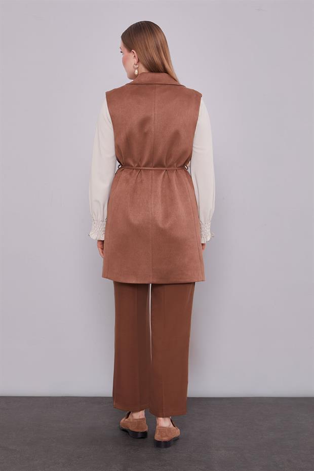 Kahve Süet Kemer Detaylı Yelek
