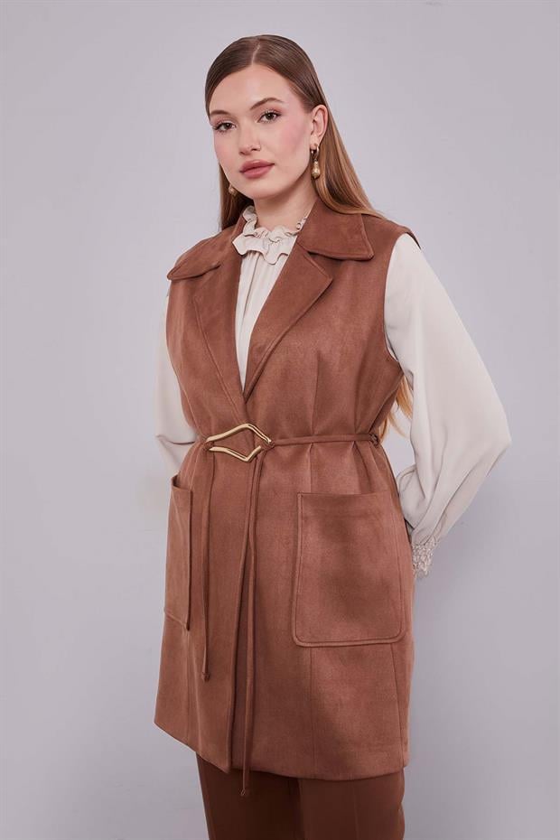 Kahve Süet Kemer Detaylı Yelek