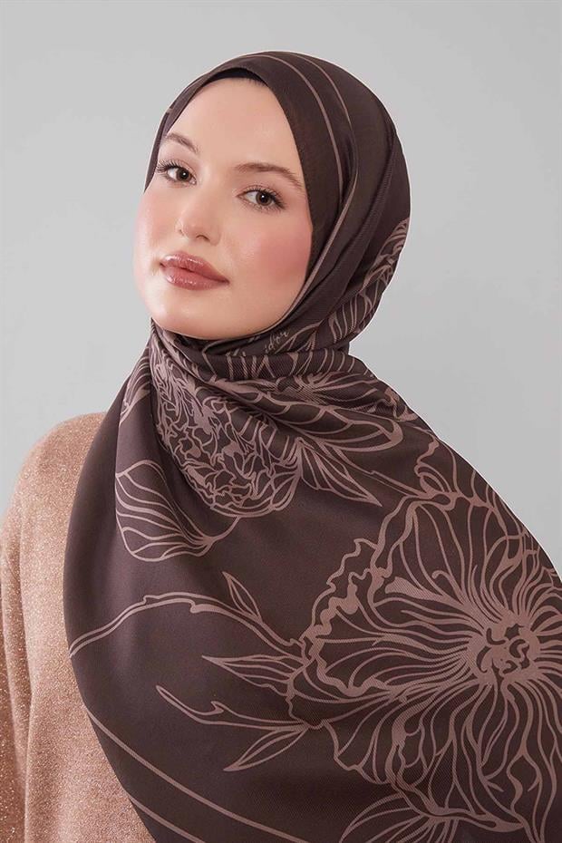 Kahve Sümbül Çiçek Desen Yün İpek Şal