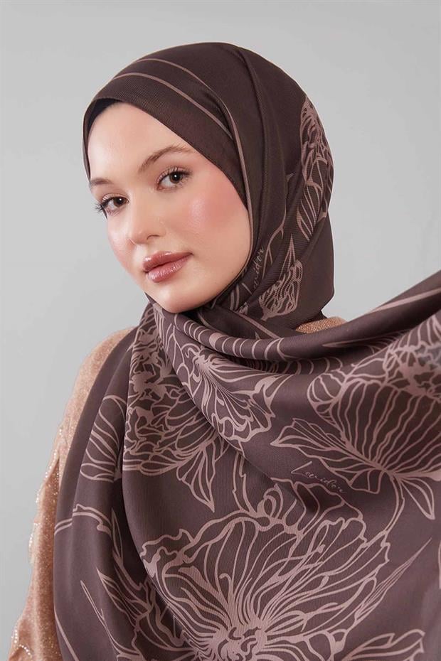 Kahve Sümbül Çiçek Desen Yün İpek Şal