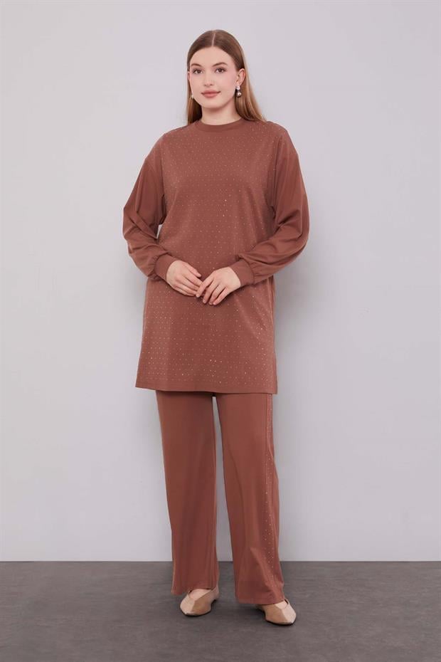 Kahve Taş Baskılı İkili Takım