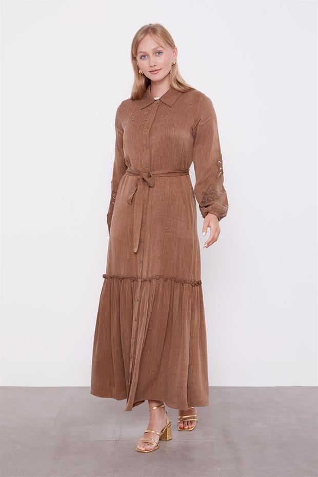 Kahve Taş İşleme Detaylı Cupra Elbise