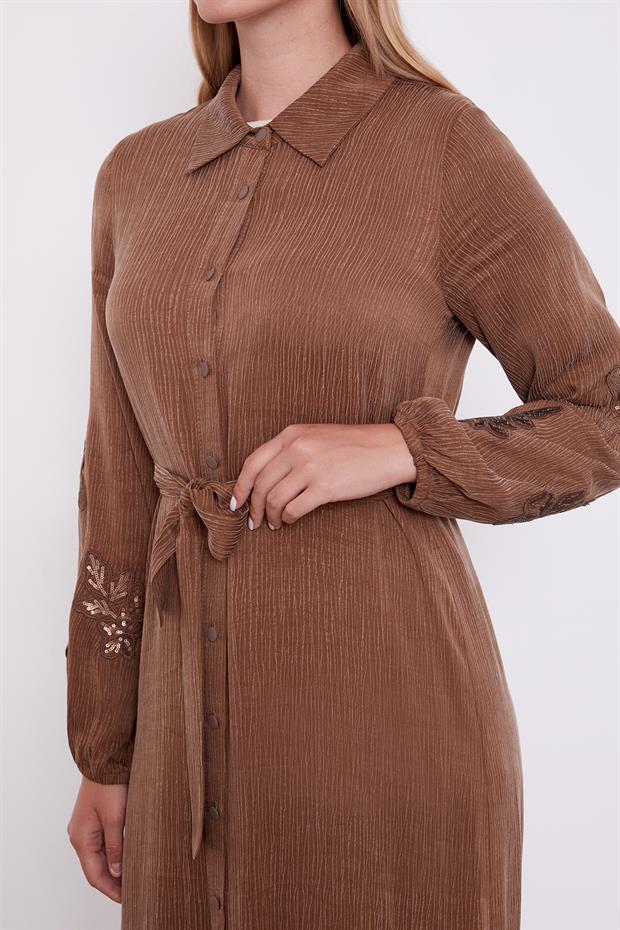 Kahve Taş İşleme Detaylı Cupra Elbise