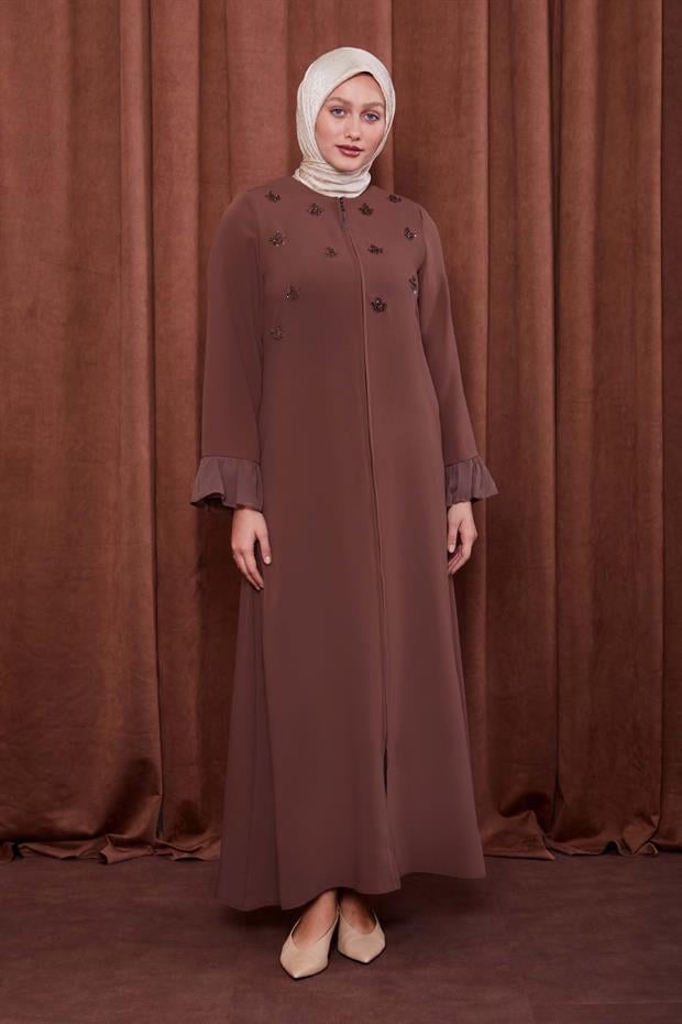 Kahve Taş İşlemeli Ferace