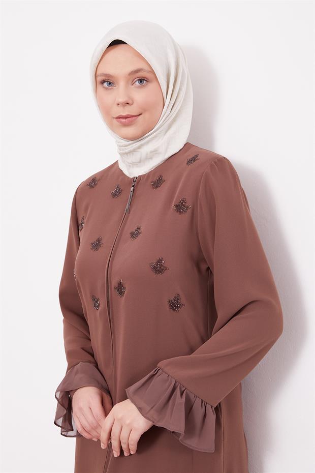 Kahve Taş İşlemeli Ferace