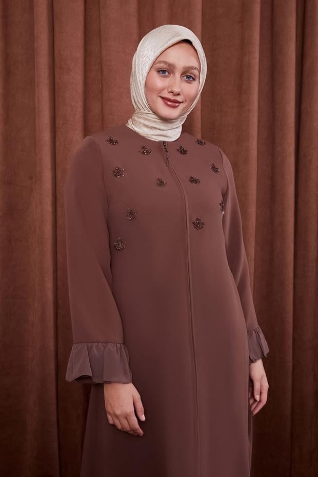 Kahve Taş İşlemeli Ferace