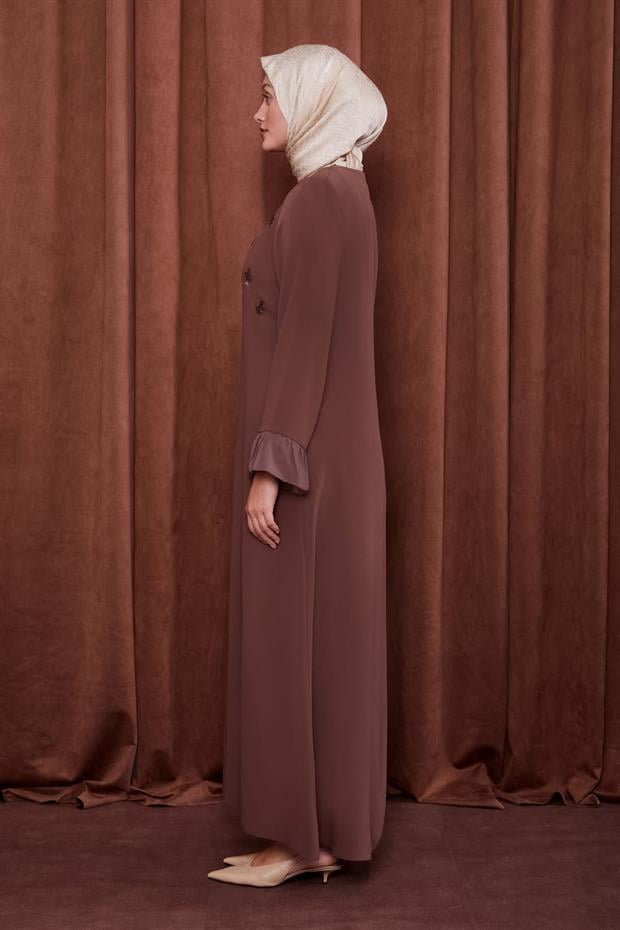 Kahve Taş İşlemeli Ferace